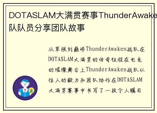 DOTASLAM大满贯赛事ThunderAwaken战队队员分享团队故事