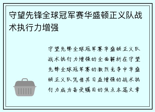 守望先锋全球冠军赛华盛顿正义队战术执行力增强