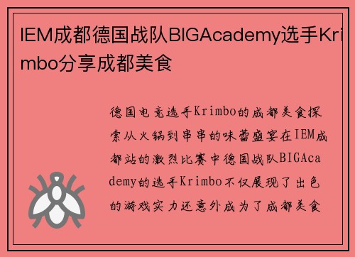 IEM成都德国战队BIGAcademy选手Krimbo分享成都美食