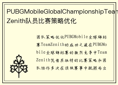 PUBGMobileGlobalChampionshipTeamZenith队员比赛策略优化